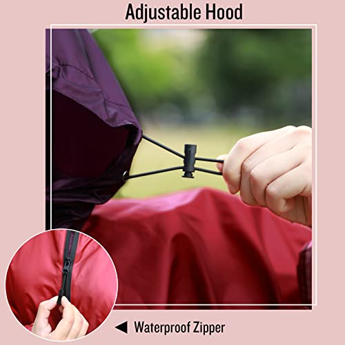 Adult Rain Poncho Waterproof Hooded Zipper Raincoat with Pockets (One Size / Gradient Burgundy)