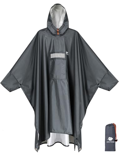 Hooded Rain Poncho for Adult Waterproof Lightweight Raincoat (Dark Grey)