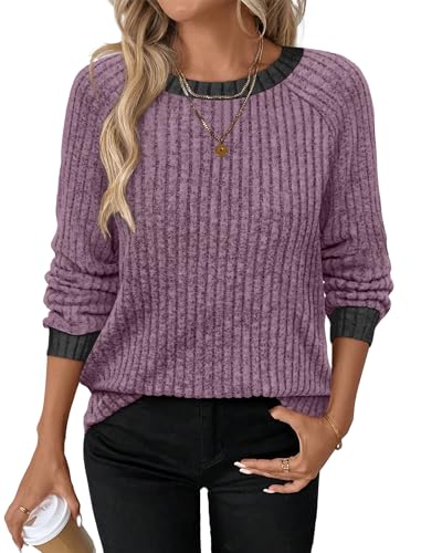 Long Sleeve Shirts for Women Crewneck Color Block Casual Outfits Womens Fall Tops Loose Fit Lightweight Sweaters Tunic Fashion 2026 Clothes Soft Purple L (Large / 04-purple)
