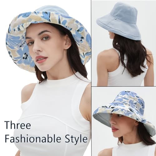 Womens Sun Hats Wide Brim Reversible Bucket Cotton Hat Packable Summer Travel Cap with Hat Clip (Medium / Blue)