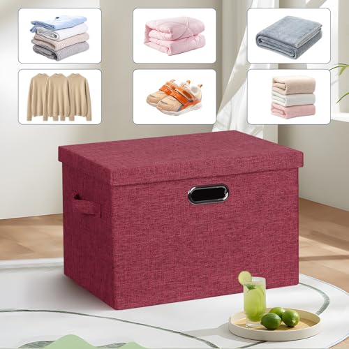 Storage Bins with Lids Fabric Closet Organizers Cubes Office Organization (Bright Red / Large -3 Pack)