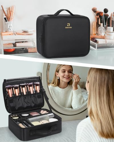 Makeup Bag Travel Makeup Train Case Large Capacity Cosmetic Case Professional Portable Makeup Brush Holder Organizer and Storage Box with Adjustable Dividers Black (Small / Black)