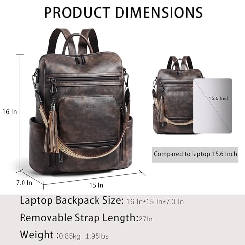 Vegan Leather Laptop Backpack for Women 15.6 inch Work Backpack Fashion Travel Backpack Purse for Travel College Work (1 Two-toned Coffee)