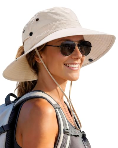 Sun Hats for Women Wide Brim Bucket Hat Ponytail Hole Outdoor UPF (Beige)