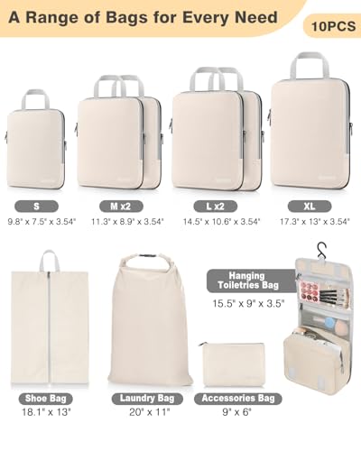 10 Piece Compression Packing Cubes with Travel Organizer Set (10-Cream / 10 Set)