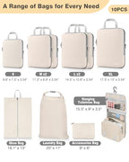 10 Piece Compression Packing Cubes with Travel Organizer Set (10-Cream / 10 Set)