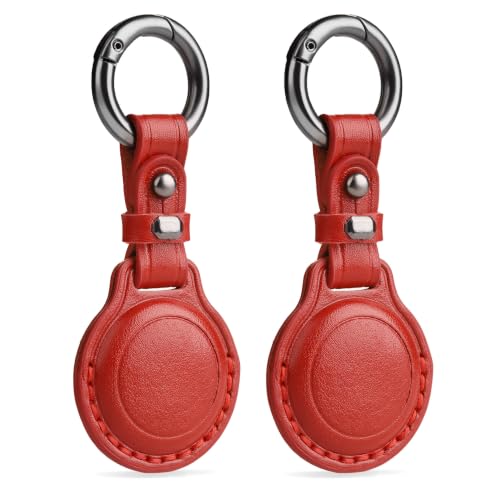 Genuine Leather Keychain Holder Case for Apple AirTag ((2 Pack)Red)