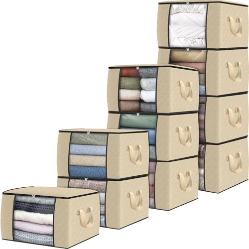 10 Pack Storage Bags for Clothes Blanket Storage Bins with Lids (10 Pack-60l / Beige)