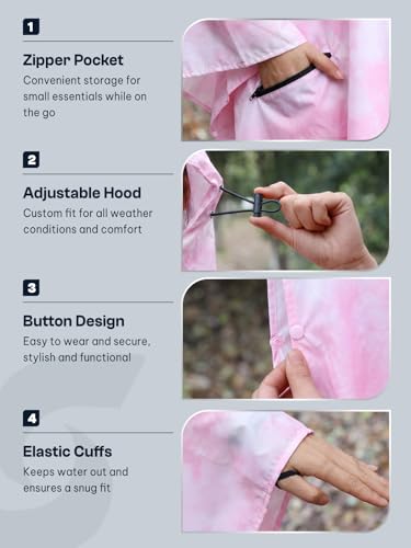 Adult Rain Poncho Waterproof Hooded Zipper Raincoat with Pockets (One Size / Tie-dye Pink)