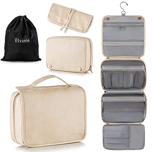 Hanging Travel Toiletry Bag for Women Vegan Leather (Beige / 1 Pack)