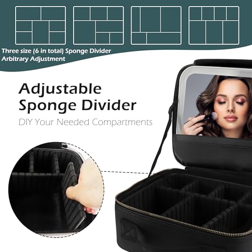 Rechargeable Travel Makeup Vanity Mirror with Partitionable Cosmetic Bag (Black / Smooth)