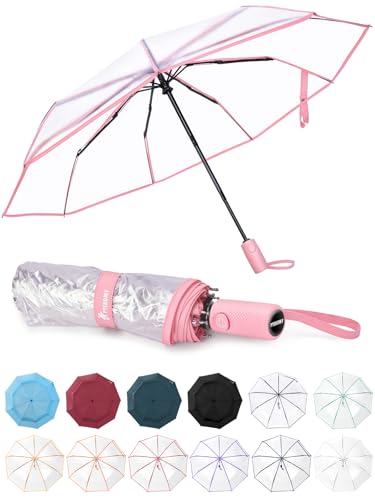 Windproof Travel Umbrellas for Rain and Sun (Clear-Pink / 2 PK)