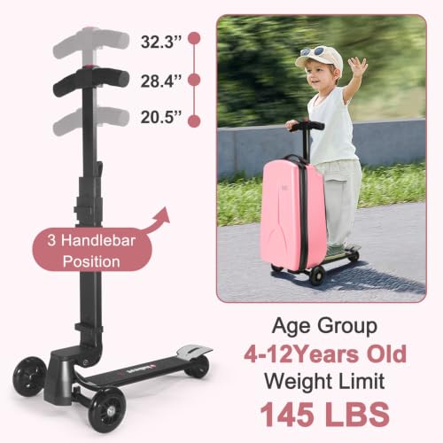 Scooter Suitcase for Kids Detachable & Foldable Carry On Suitcase (Pink)
