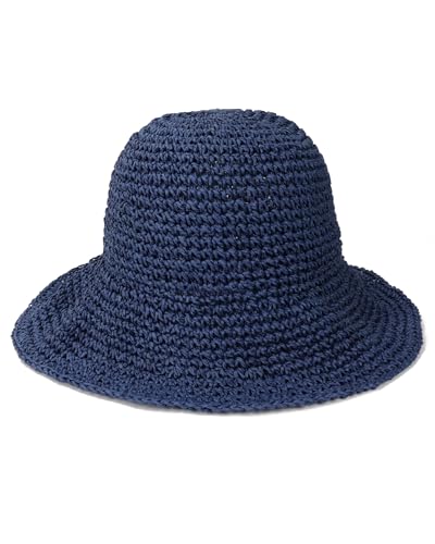 Womens Crochet Straw Sun Hat Foldable Floppy Wide Brim Beach Hat for Summer (One Size / Dark Blue)