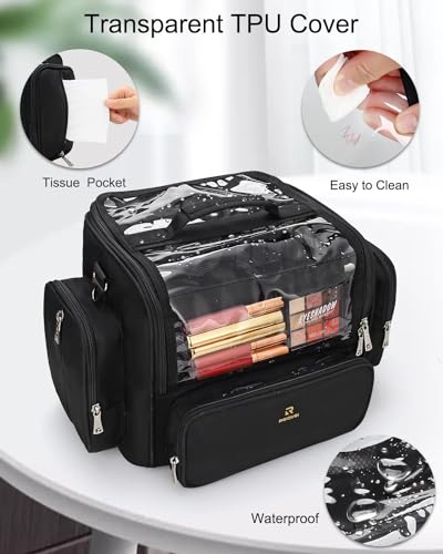 Makeup Brush Bag Extra Large Makeup Brush Case with 4 small bags Professional Makeup Artist Brush Holder Stand Up Organizer for Travel with Adjustable Dividers and Shoulder Strap (Black with 4 Makeup Bags)