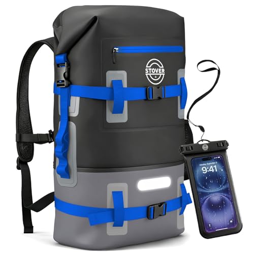 30/40/55L Waterproof Dry Backpack & Phone Case - X-Large Floating Dry Bag for Kayaking, Travel, Hiking, Fishing, Camping, Motorcycles & Beach, Heavy-Duty Roll Top Men/Women (Black/Grey/Blue) (Black/Grey/Blue / 40L)