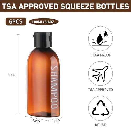 Travel Bottles for Toiletries 6 PCS 3.4oz Plastic Bottles Brown (Brown)