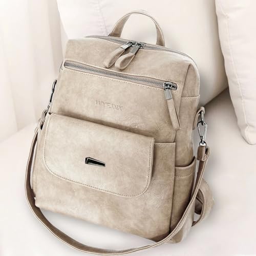 PU Leather Small Backpack Purse for Women Ladies Beige (Beige)