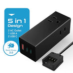 65W World Travel Adapter 3 USB Ports PD 3.0 Ultra Compact Charger 2 US Outlets [GaN Tech] (Black)