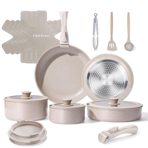 Ceramic Nonstick Pots and Pans Set 19 Piece with Detachable Handle (Mocca Taupe)