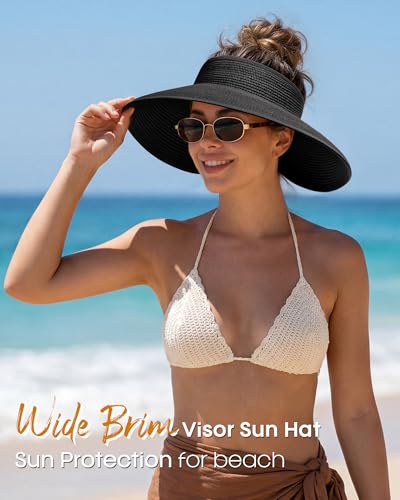 Womens Sun Visor Hats Wide Brim Straw Beach Hat UV Protection Ponytail Packable Beach Vacation Essentials Black (Black / One Size)