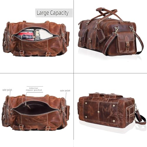 Large duffel bags for men holdall leather travel bag overnight gym sports weekend bag (24" Large / TAN BROWN)