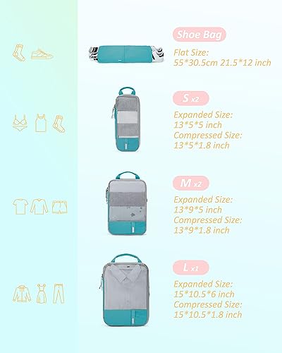 6 Set Compression Packing Cubes for Travel (Cyan / Set of 6)