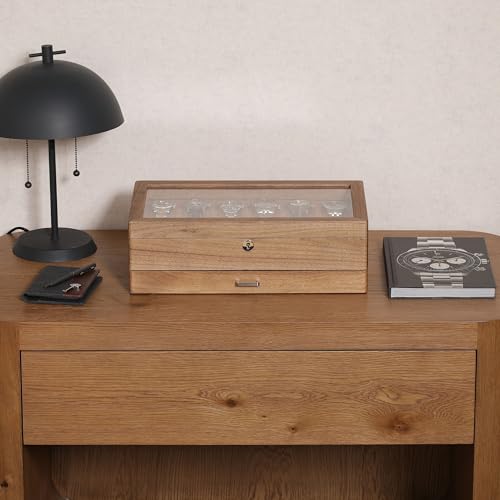 12 Slot Solid Walnut Watch Box with Valet Drawer (Walnut / Tan)