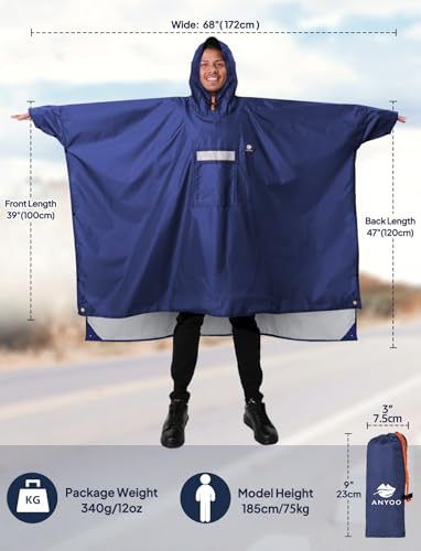 Hooded Rain Poncho for Adult Waterproof Lightweight Raincoat (Dark Blue)