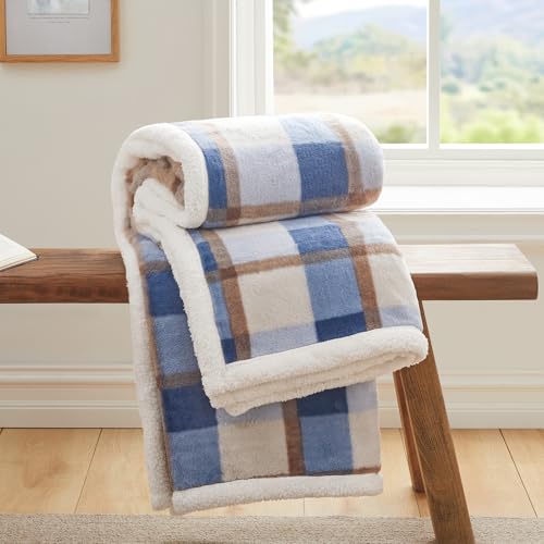 Super Soft Faux Rabbit Fur Sherpa Fleece Throw Blanket (Blue-plaid / 80"*90")