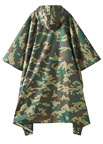 Hooded Rain Poncho for Adults (Green Camo 1/4 Zipper)