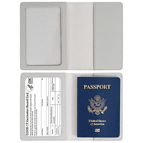 2 Pack Passport covers and Vaccine Card Holder PU Leather Passport Wallet Vaccine Case Protector Slot Travel Passport Wallets for Women & Men (Grey & Light Blue)