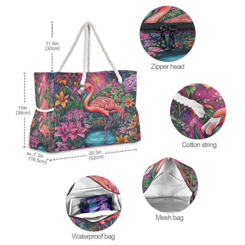 Large Beach Bags Totes Canvas Tote Shoulder Bag Soft Wave Water Resistant Bags for Gym Travel Daily Ocean (Flamingo Flowers)