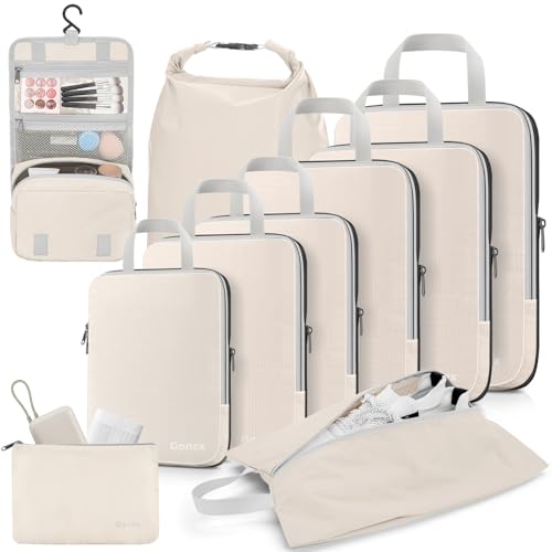 10 Piece Compression Packing Cubes with Travel Organizer Set (10-Cream / 10 Set)