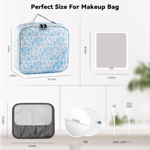 Travel Makeup Bag with LED Mirror Toiletry Bag for women with 10x magnifying glass (Blue Flower / With LED Mirror and 10x Magnifying Glass)