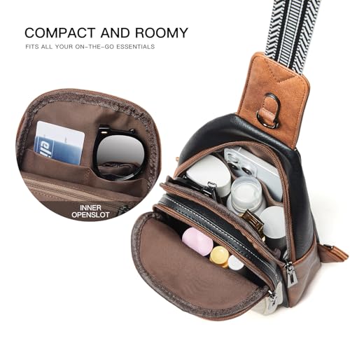 Sling Bag For Women Fanny Pack Crossbody Travel Shoulder Belt Bags Tote Backpack Purse Faux Leather (Black & White W/Brown Trim)