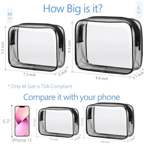 Clear Makeup Bag for Travel (Black / Mixed Size Series (1 Medium + 1 Large))
