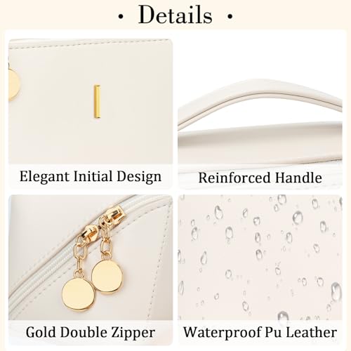 Initial Makeup Bag Personalized Gift for Women Teen Girls (Beige / I)