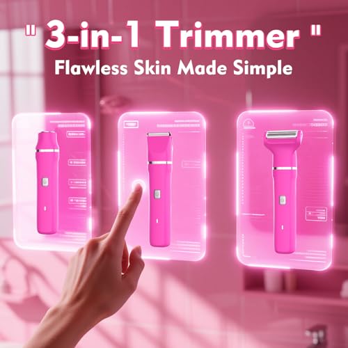 3-in-1 Bikini Trimmer for Women, Electric Shaver, Grooming Kit (Hot Pink)