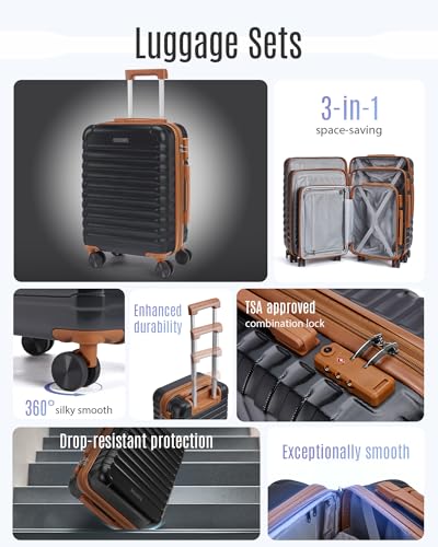 Luggage Sets 3 Pcs Suitcase with Wheel (Black/Brown / 3-Piece Set-20 Inch/24 Inch/28 Inch)