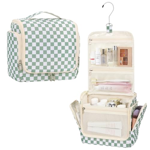 Hanging Toiletry Bag for Women (Green Checkerboard / Large)