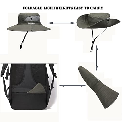 Womens Summer Sun Hat Beach Hat Wide Brim Outdoor UV Protection Hat Foldable Cool Mesh Ponytail Bucket Hat (6-7 / Pure Army Green)