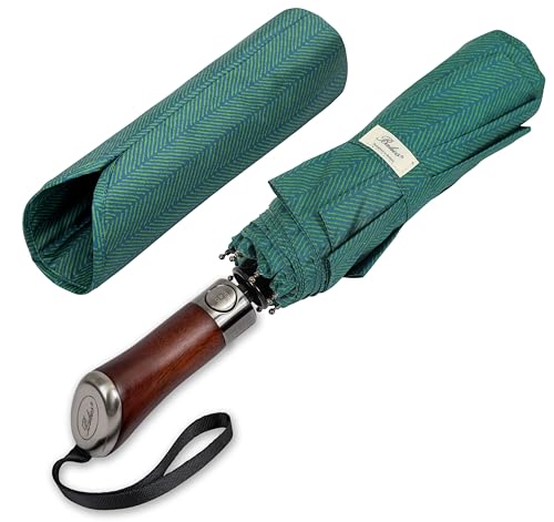 Folding Umbrella Lux Hardwood Handle Herringbone Jade Green (Herringbone Jade Green)