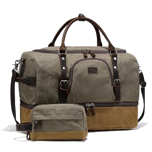 Nerlion Green Large Weekender Overnight Duffel Bag with Shoe Compartment and Leather Accents (Green)