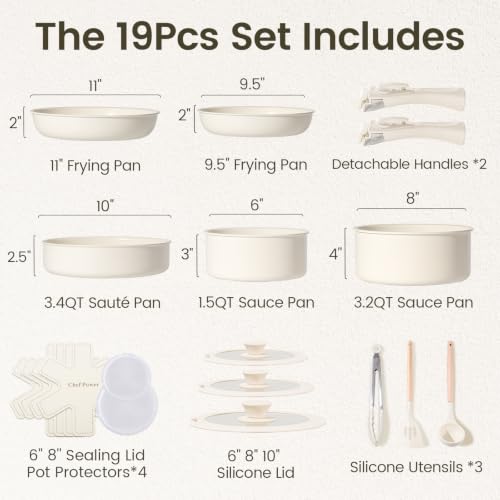 Ceramic Cookware Set Non Toxic with Detachable Handles (Cream White)