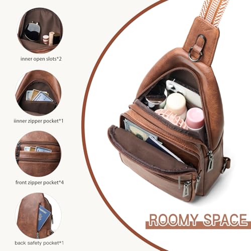 Sling Bag for Women Crossbody Bags Fanny Packs Over Shoulder Bag Sling Purse Backpack Vegan Leather Travel Handbag Purse Gifts Brown (Brown)