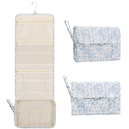 Travel Toiletry Bag with Hanging Hook (01 Blue Flower / X Large)