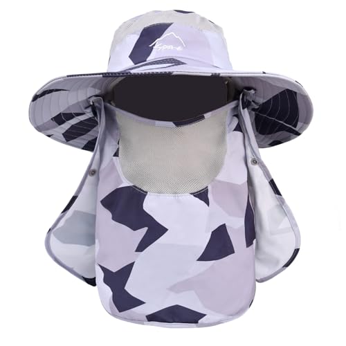 Sun Hats for Men Women Fishing Hat UPF 50+ Breathable Wide Brim Summer UV Protection Hat with Face Cover & Neck Flap (Camo Light Grey(with Face Cover & Neck Flap ))