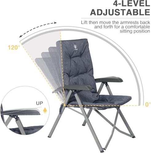 Luxury Camping Chairs 2 Set for Adults Heavy Duty High Back Oversized Folding Garden Chair Comfy Padded Loadable 330LBS Adjustable Dining Chairs 4 (Grey)