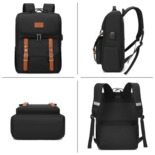 Vintage Backpack Travel Laptop Backpack with usb Charging Port for Women & Men College Backpack Fits 15.6 Inch Laptop Black Brown (Black&brown)